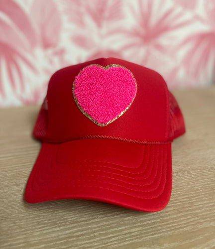 Red Trucker Hat w/Pink Heart